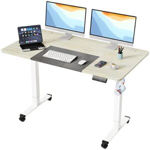 woka dual motor electric standing desk, 55" x 28" adjustable height stand up desk, sit stand desk for home office with 4 memory controller, motorized desk with splice board, white and grey tabletop