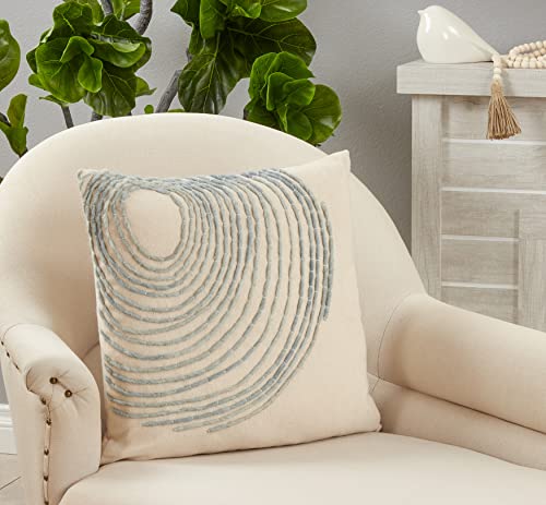 SARO LIFESTYLE Swirl Embroidered Throw Pillow with Down Filling, Blue, 20"