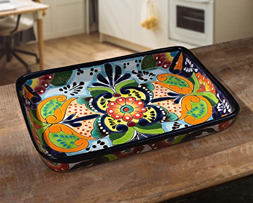 Enchanted Talavera Pottery Mexican Hand Painted Ceramic Rectangle Serving Platter Dish Appetizer Plate Tray Food Mexican Floral Pattern Thanksgiving Holiday Party Fiesta (Large 13.2 x 9 x 2, Multi)