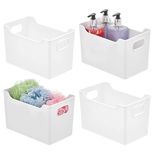 mDesign Deep Plastic Bathroom Storage Bins with Handles for Organization in Closet, Vanity or Under The Sink, Organizer for Hair Tools, Vitamins, or Accessories, Ligne Collection, 4 Pack, White