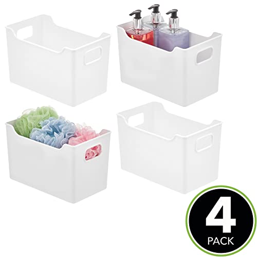 mDesign Deep Plastic Bathroom Storage Bins with Handles for Organization in Closet, Vanity or Under The Sink, Organizer for Hair Tools, Vitamins, or Accessories, Ligne Collection, 4 Pack, White