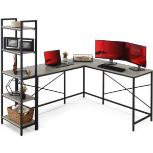 best choice products l-shaped corner computer desk, large study workstation furniture w/multifunctional 5-tier open storage bookshelves, custom setup for home, office - gray/black