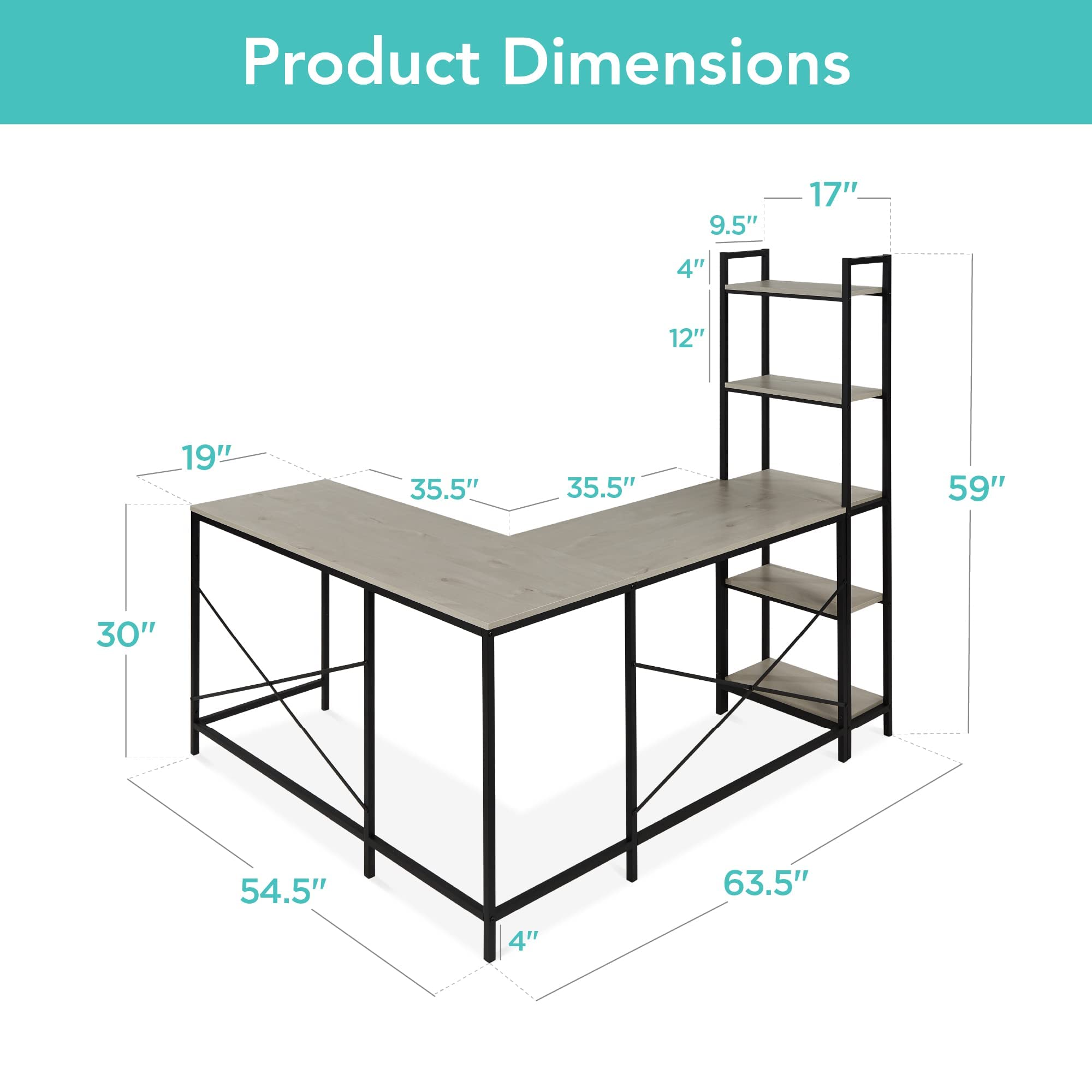 Best Choice Products L-Shaped Corner Computer Desk, Large Study Workstation Furniture w/Multifunctional 5-Tier Open Storage Bookshelves, Custom Setup for Home, Office - Gray/Black