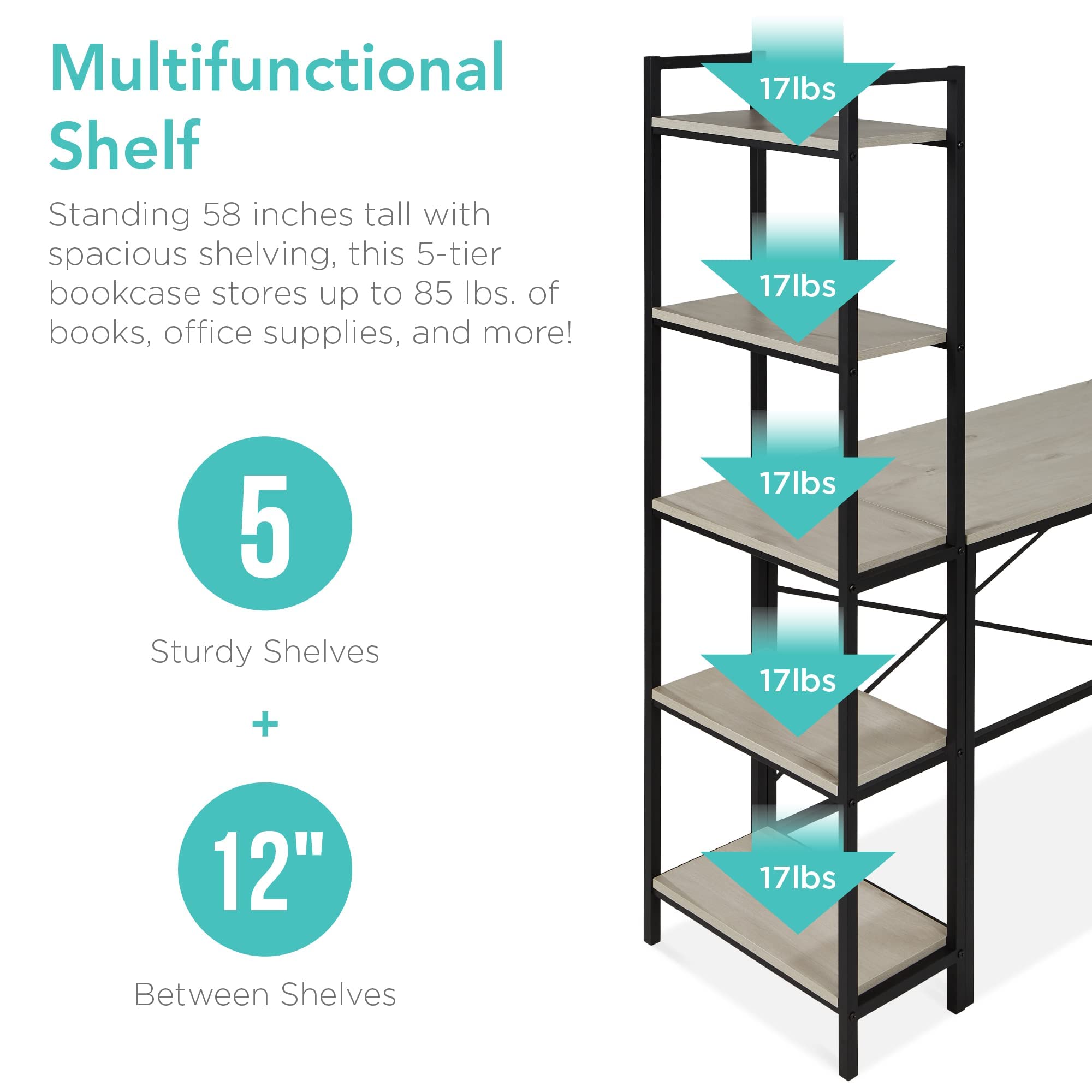 Best Choice Products L-Shaped Corner Computer Desk, Large Study Workstation Furniture w/Multifunctional 5-Tier Open Storage Bookshelves, Custom Setup for Home, Office - Gray/Black