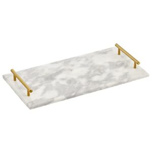 mDesign Thin Marble Pastry Board, Cutting Slab Kitchen Serving Tray with Deco Handles for Baking, Chopping, and Rolling - Serve Bread, Candy, Chocolate, Cheese, and Appetizers - Marble/Soft Brass