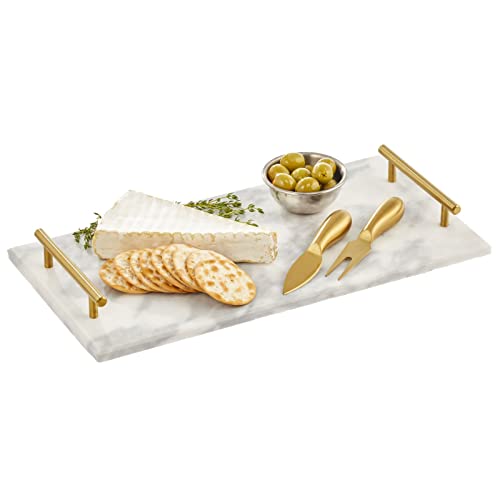 mDesign Thin Marble Pastry Board, Cutting Slab Kitchen Serving Tray with Deco Handles for Baking, Chopping, and Rolling - Serve Bread, Candy, Chocolate, Cheese, and Appetizers - Marble/Soft Brass