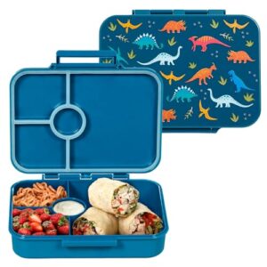 wildkin kids bento box for boys and girls, features 4 compartments, leak proof with close clasp design, ideal for packing snacks for school and travel bento for kids (jurassic dinosaurs)