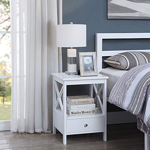 RAAMZO White Finish Nightstand Side End Table with Drawer and X-Design Sides