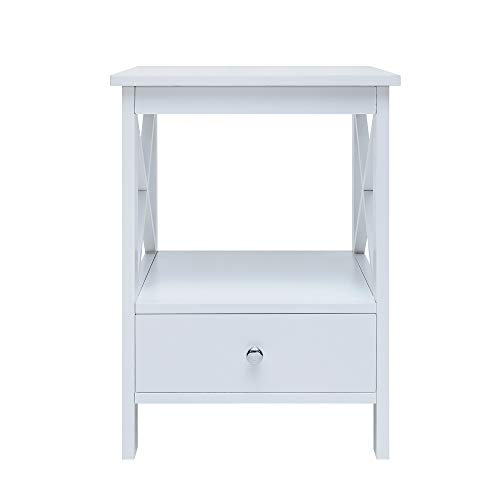 RAAMZO White Finish Nightstand Side End Table with Drawer and X-Design Sides