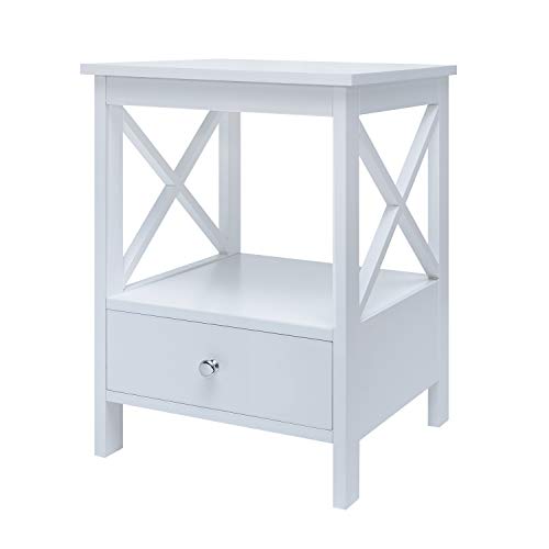 RAAMZO White Finish Nightstand Side End Table with Drawer and X-Design Sides