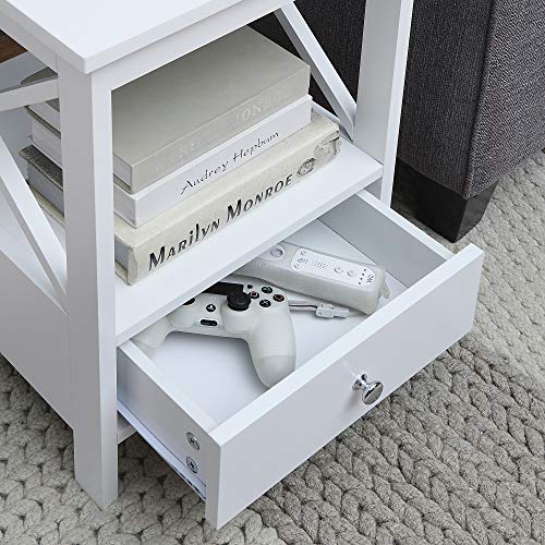 RAAMZO White Finish Nightstand Side End Table with Drawer and X-Design Sides