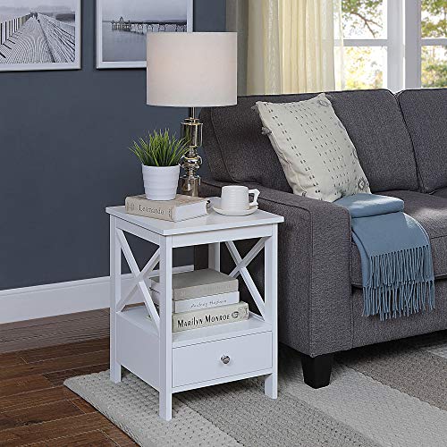 RAAMZO White Finish Nightstand Side End Table with Drawer and X-Design Sides