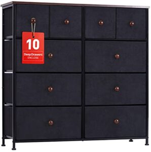 aopsen 10-drawer dresser, tall vertical chest of drawers with sturdy steel frame, wooden top, fabric storage drawer dresser for bedroom, nursery, closet, rustic brown