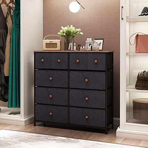 AOPSEN 10-Drawer Dresser, Tall Vertical Chest of Drawers with Sturdy Steel Frame, Wooden Top, Fabric Storage Drawer Dresser for Bedroom, Nursery, Closet, Rustic Brown