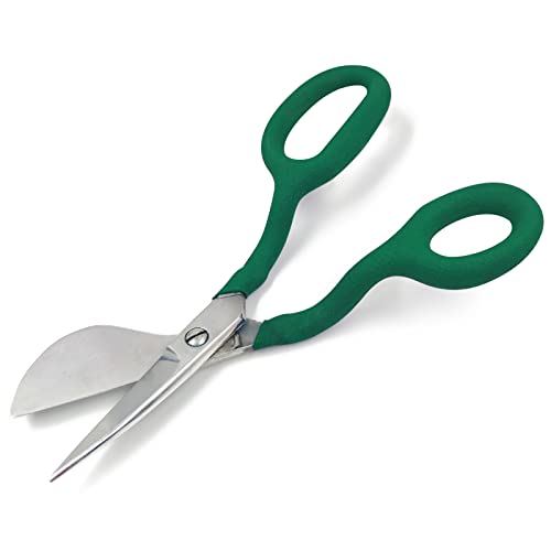 Duckbill Applique Blade Scissors, HAND U JOURNEY, 7 Inch - Double Bent Curved Offset Handle Scissors for for Carpet Pile,Rug-punch- Green