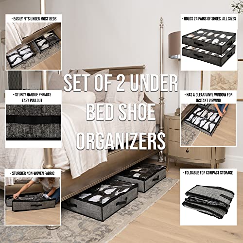 Under Bed Shoe Storage Organizer, Set of 2 for 24 Shoes - Slide This Sturdy Shoe Organizer Under Bed to Declutter & Save Space - 2 Underbed Storage Containers Come in Chic Gray with Clear Windows