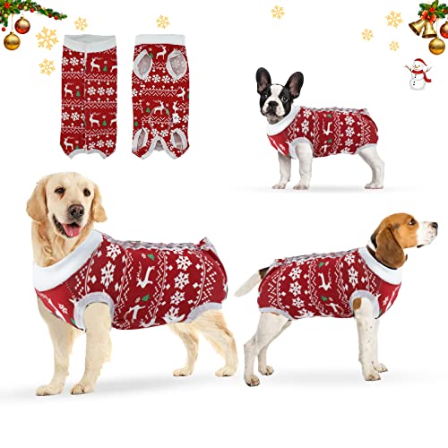 oUUoNNo Recovery Suit for Dogs,Dog Surgical Recovery Suit for Female Male Abdominal Wounds Spay or Skin Diseases,Cone E-Collars Alternatives, Anti-Licking Pet Vest Post Surgery (L, Christmas)