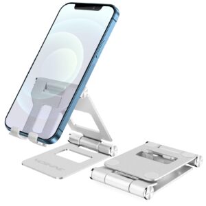 yoshine phone stand, adjustable cell phone stand, foldable cell phone holder with non-slip base, portable phone holder for desk, solid aluminum stand holder dock for iphone all smart phones - silver