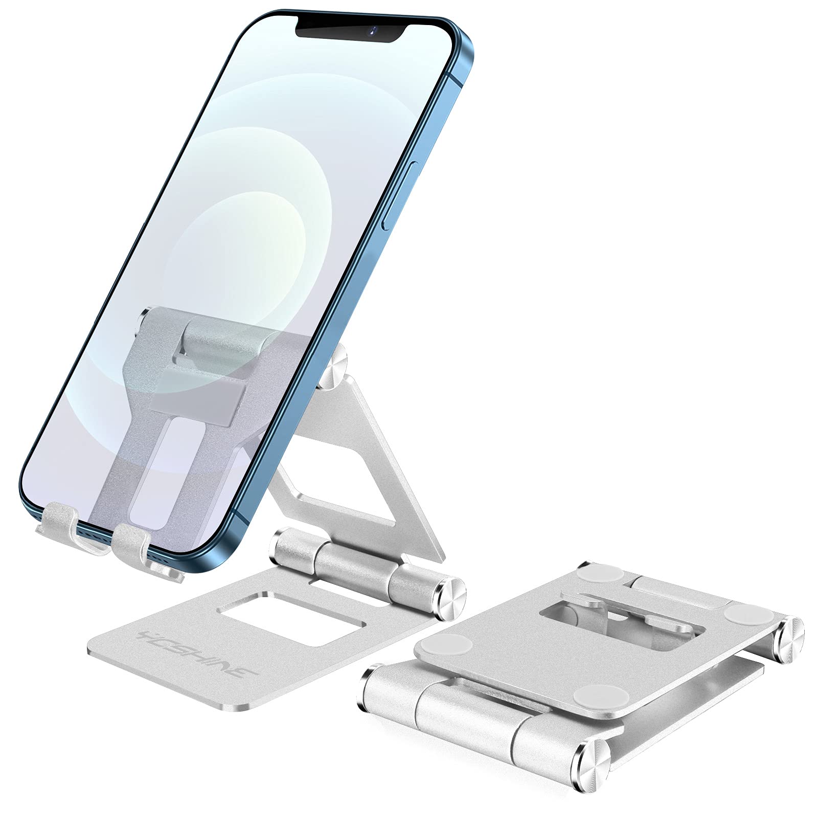 YOSHINE Phone Stand, Adjustable Cell Phone Stand, Foldable Cell Phone Holder with Non-Slip Base, Portable Phone Holder for Desk, Solid Aluminum Stand Holder Dock for iPhone All Smart Phones - Silver