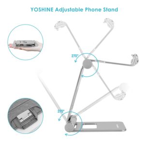 YOSHINE Phone Stand, Adjustable Cell Phone Stand, Foldable Cell Phone Holder with Non-Slip Base, Portable Phone Holder for Desk, Solid Aluminum Stand Holder Dock for iPhone All Smart Phones - Silver