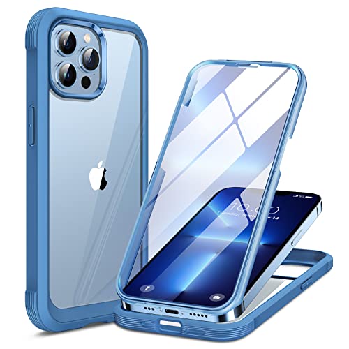 Miracase Glass Case for iPhone 13 Pro Max 6.7 inch, 2023 Upgrade Full-Body Clear Bumper Case with Built-in 9H Tempered Glass Screen Protector, Capri Blue