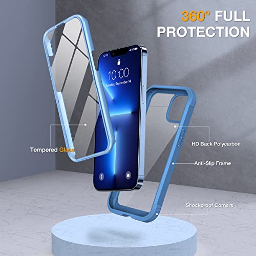 Miracase Glass Case for iPhone 13 Pro Max 6.7 inch, 2023 Upgrade Full-Body Clear Bumper Case with Built-in 9H Tempered Glass Screen Protector, Capri Blue