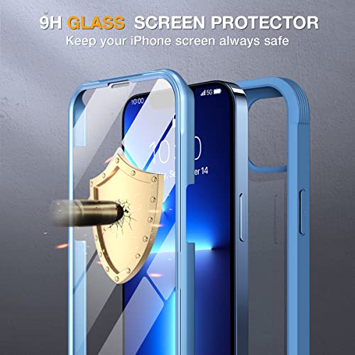 Miracase Glass Case for iPhone 13 Pro Max 6.7 inch, 2023 Upgrade Full-Body Clear Bumper Case with Built-in 9H Tempered Glass Screen Protector, Capri Blue