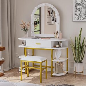 semiocthome white vanity mirror with lights and table set with drawers, 9 led lights makeup vanity desk with stool, girls vanity table with 6 shelves, gold metal frame dressing table with chair