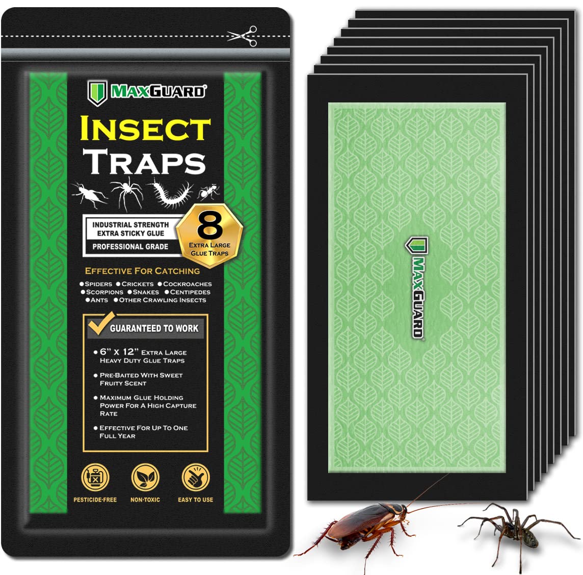 MaxGuard Extra Large Insect Traps (8 Traps) | Non-Toxic Extra Sticky Pre-Baited Glue Board, Trap & Kill Most Crawling Insects, Bugs, Spiders, Crickets, Scorpions, Cockroaches, Centipedes, Snakes.