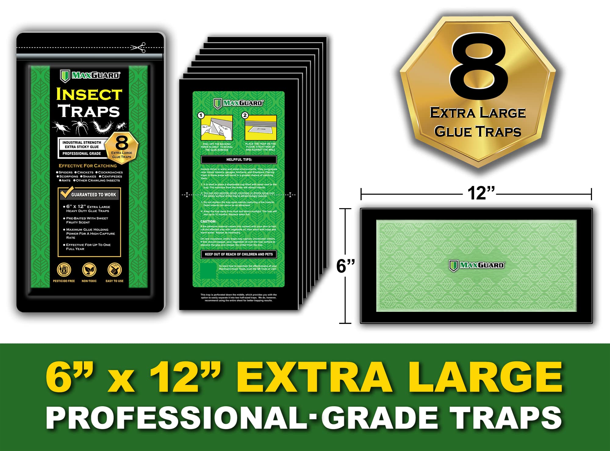 MaxGuard Extra Large Insect Traps (8 Traps) | Non-Toxic Extra Sticky Pre-Baited Glue Board, Trap & Kill Most Crawling Insects, Bugs, Spiders, Crickets, Scorpions, Cockroaches, Centipedes, Snakes.