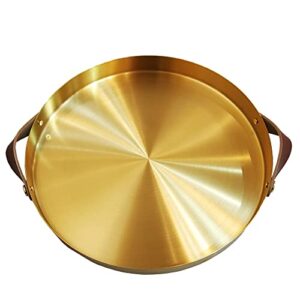 12 inch round golden tray with brown handle, metal vanity tray with mirror finish, 1”deep decorative brass tray serving platter for dessert table, jewelry, exxacttorch