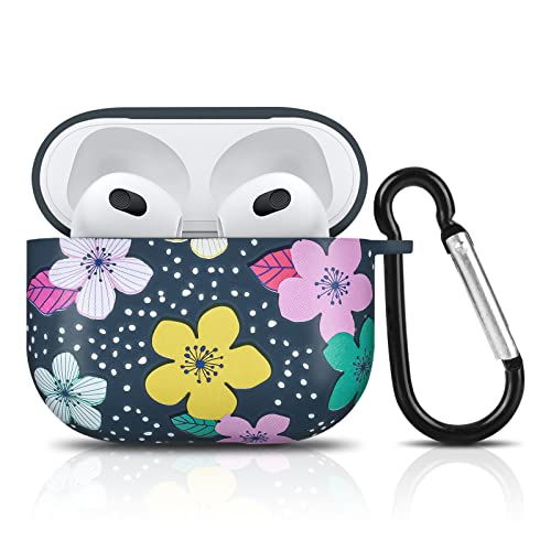 Cute Flower Case Compatible for AirPods 3 (2021) Cover with Keychain Floral Design Skin Soft Silicone Shockproof Protective Case for Airpods 3rd Generation Women Girls-Flower Blue