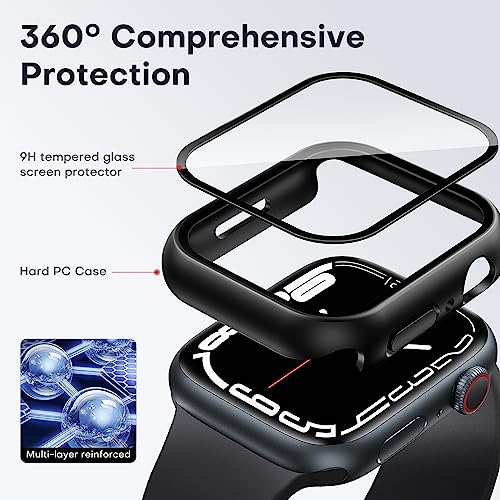 TAURI 2 Pack Hard Case Designed for Apple Watch Series 9 (2023) Series 8/7 45mm, [HD Clear] Built-in 9H Tempered Glass Screen Protector, [Full Protection] Slim Cover for iWatch S9/S8/S7 45mm - Black