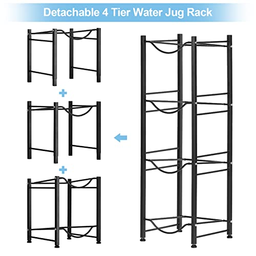 Water Jug Rack for 5 Gallon 4 Tier Water Cooler Jug Rack for Detachable Heavy Duty Water Bottle Holder Storage Shelf for Home, Office, Kitchen, Black