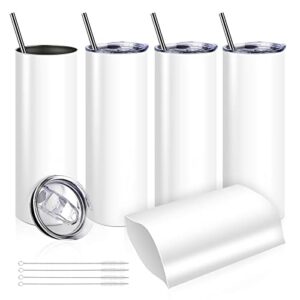 Munskine 4 Pack Sublimation Tumblers 20 Oz Skinny Stainless Steel Double Wall Tumbler Blanks - Sublimation Tumblers with Lid, Straw, Brush & Shrink Wrap -White