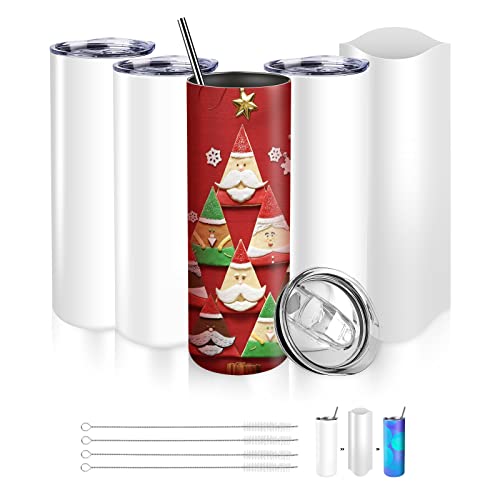 Munskine 4 Pack Sublimation Tumblers 20 Oz Skinny Stainless Steel Double Wall Tumbler Blanks - Sublimation Tumblers with Lid, Straw, Brush & Shrink Wrap -White