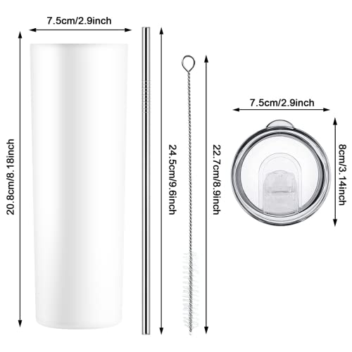 Munskine 4 Pack Sublimation Tumblers 20 Oz Skinny Stainless Steel Double Wall Tumbler Blanks - Sublimation Tumblers with Lid, Straw, Brush & Shrink Wrap -White