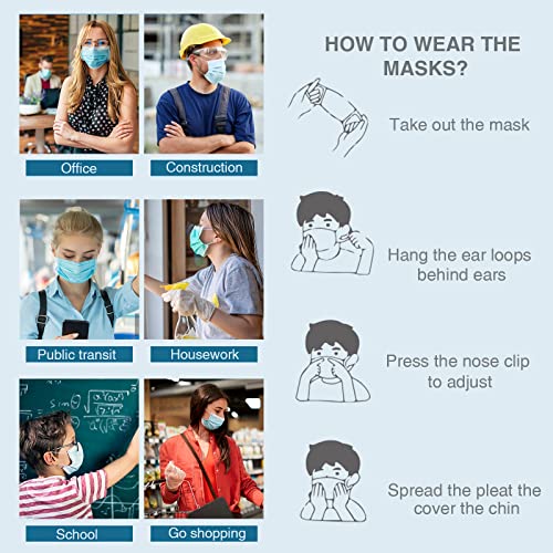 Blue Disposable Face Masks, 100 Pcs Disposable Masks, 3-ply Non-Woven Disposable Face Covers, Breathable Face Mask for Adults and Teens for Disposable Use