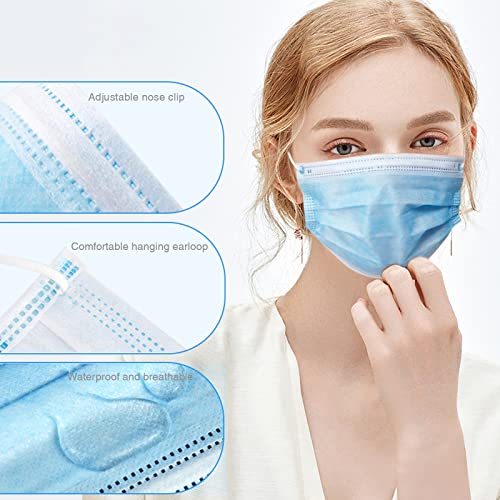 Blue Disposable Face Masks, 100 Pcs Disposable Masks, 3-ply Non-Woven Disposable Face Covers, Breathable Face Mask for Adults and Teens for Disposable Use