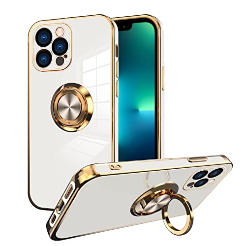 OOK Compatible with iPhone 13 Pro Max Case with Ring Holder Full Camera Lens Protection Plating Rose Gold Edge 360°Kickstand Slim Soft TPU Protective Case Cover for iPhone 13 Pro Max 6.7 Inch -White