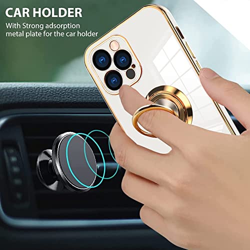 OOK Compatible with iPhone 13 Pro Max Case with Ring Holder Full Camera Lens Protection Plating Rose Gold Edge 360°Kickstand Slim Soft TPU Protective Case Cover for iPhone 13 Pro Max 6.7 Inch -White