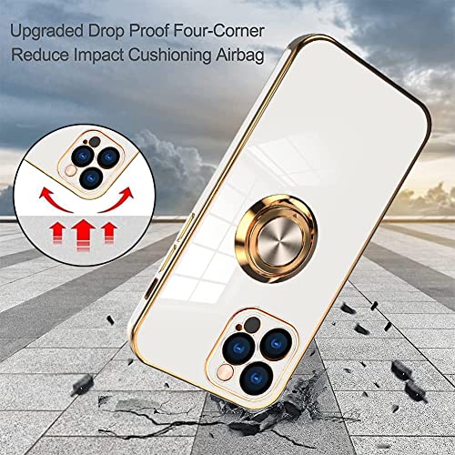 OOK Compatible with iPhone 13 Pro Max Case with Ring Holder Full Camera Lens Protection Plating Rose Gold Edge 360°Kickstand Slim Soft TPU Protective Case Cover for iPhone 13 Pro Max 6.7 Inch -White