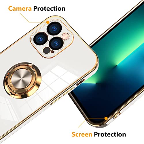 OOK Compatible with iPhone 13 Pro Max Case with Ring Holder Full Camera Lens Protection Plating Rose Gold Edge 360°Kickstand Slim Soft TPU Protective Case Cover for iPhone 13 Pro Max 6.7 Inch -White