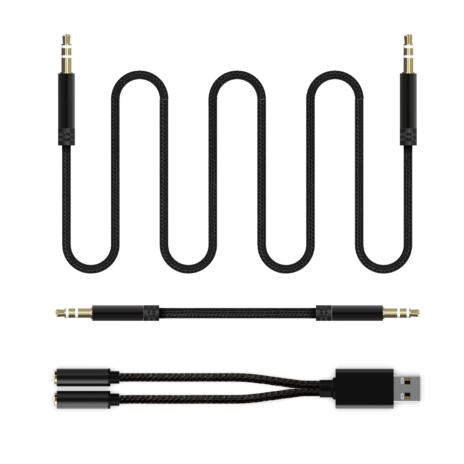 EBEETECH USB to Dual 3.5mm Audio Jack Adapter, Mic-Supported Headphone Adapter for Two Headphones, Speakers to Laptop, with 3-Pole 3.5mm Jack Audio Cables (20cm&100cm) [3 Pack], Black