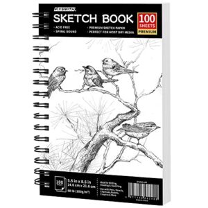 fixsmith 5.5"x8.5" sketch book | 100 sheets (68 lb/100gsm) sketchbook| durable acid free drawing paper | spiral bound artist sketch pad | for kids, beginners, artists & professionals | bright white