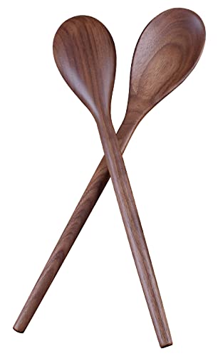 Wooden Cooking Spoons Set, 14 Inch Walnut Wood Spoon for Mixing Salad Soup Stirring, Nonstick Cookware Serving Scoop Kitchen Cooking Utensil Long Handle Comfortable Grip and Smooth Finish (2 Pieces)