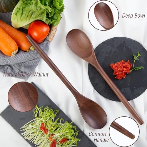 Wooden Cooking Spoons Set, 14 Inch Walnut Wood Spoon for Mixing Salad Soup Stirring, Nonstick Cookware Serving Scoop Kitchen Cooking Utensil Long Handle Comfortable Grip and Smooth Finish (2 Pieces)