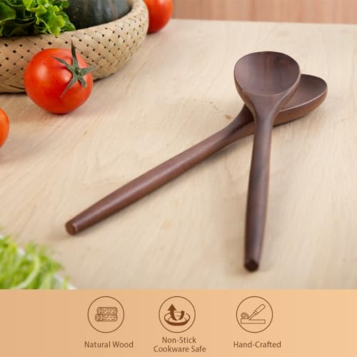 Wooden Cooking Spoons Set, 14 Inch Walnut Wood Spoon for Mixing Salad Soup Stirring, Nonstick Cookware Serving Scoop Kitchen Cooking Utensil Long Handle Comfortable Grip and Smooth Finish (2 Pieces)