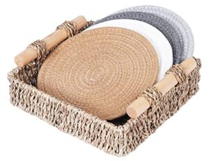 pot holders trivets set 4 pcs with seagrass basket holder, cotton trivets for hot pots and pans, potholders for hot dishes, kitchen counter table coasters hot pads hot mats (7 inch)