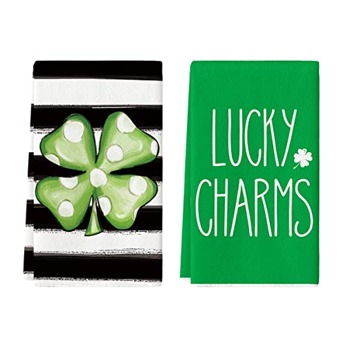 Artoid Mode Stripes Clover Shamrock Lucky Charms St. Patrick's Day Kitchen Towels Dish Towels, 18x26 Inch Seasonal Spring Decoration Hand Towels Set of 2